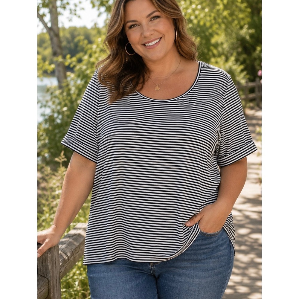 Talbots Black White Striped Scoop Neck Top 3X Plus Short Sleeve Knit Tee